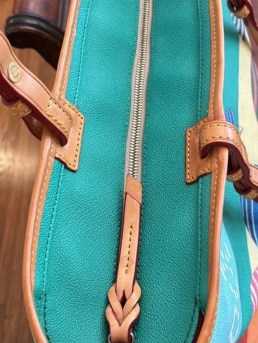 Dooney & Bourke Blue Multicolor Umbrella Print Canvas Tote with Tan Leather Trim - Picture 8 of 11